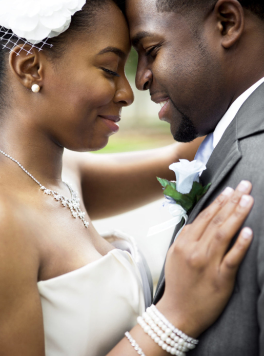 Newlyweds touching foreheads and smiling