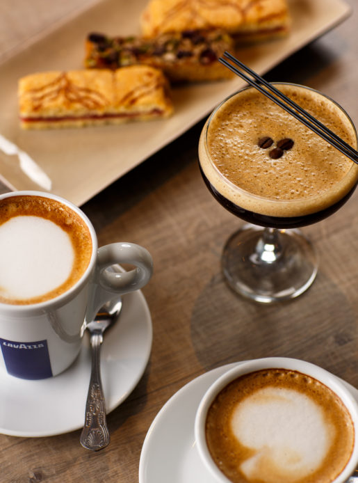 Espresso martini and coffee with sweet treats