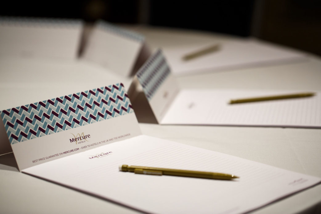 Mercure-Hotels-JH-03-generic-meetings Mercure-branded notepaper set up ready for a meeting at a Mercure Hotel